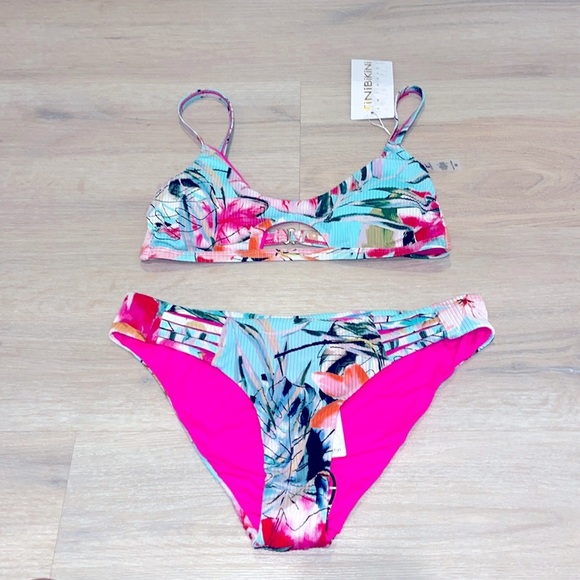 NWT Tinibikini swimsuit swimwear reversible tropical palm print Bikini 2 pc NEW - Picture 1 of 9